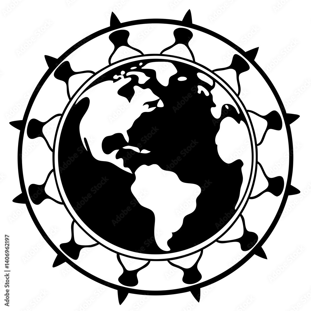 Silhouette of people forming a circle around the Earth, unity for nature, minimalist design