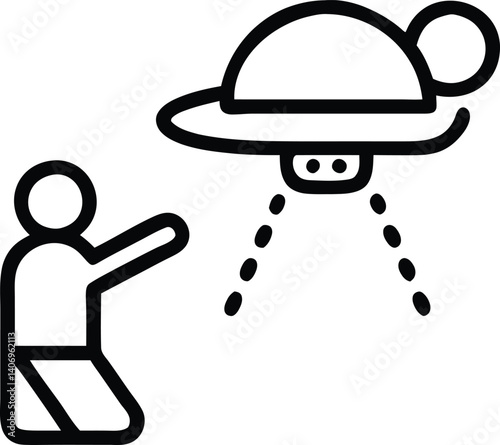 illustration, minimalist, black and white, UFO, hovering, spaceship, sky, landscape, line art
