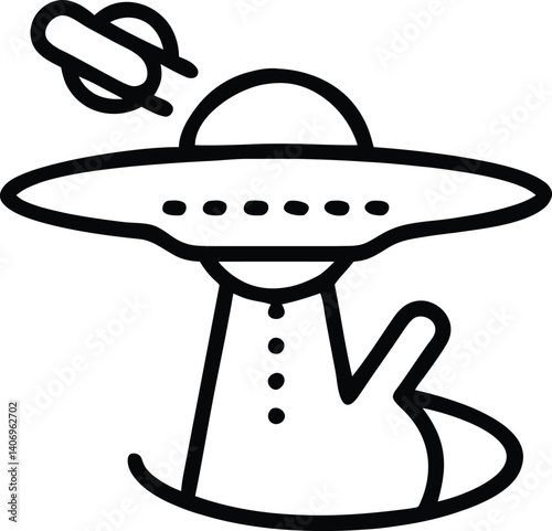 illustration, minimalist, black and white, UFO, hovering, spaceship, sky, landscape, line art

