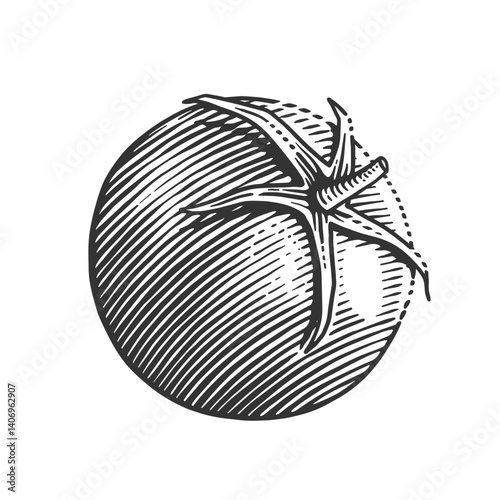 Hand drawn illustration of a tomato in an engraving style. Perfect for culinary art, recipes, food packaging, and botanical designs.