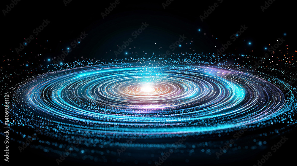 Fototapeta premium Cosmic Spiral Galaxy Formation Energy Visuals with Blue Orange Particle Swirls and Bright Central Light