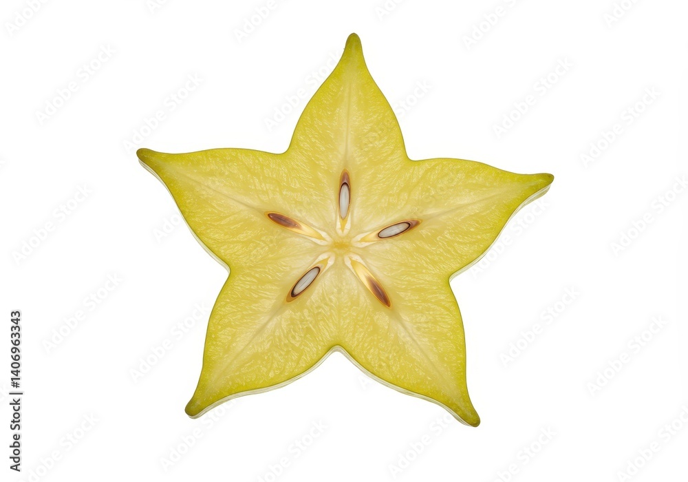 Sliced starfruit with vibrant yellow texture on white background for culinary design Sliced starfruit with vibrant yellow texture on white background for culinary design