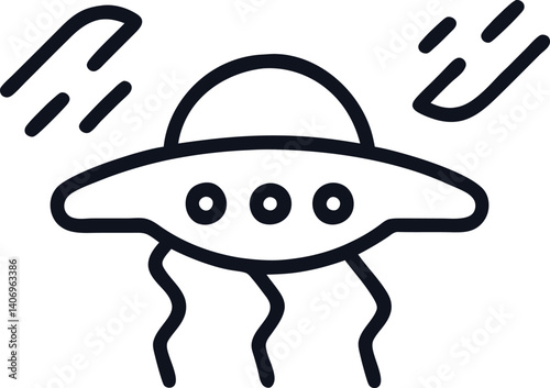 illustration, minimalist, black and white, UFO, hovering, spaceship, sky, landscape, line art
