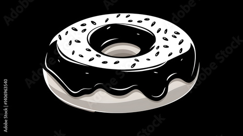 Black and White Donut with Chocolate Glaze - Simple Dessert Icon
