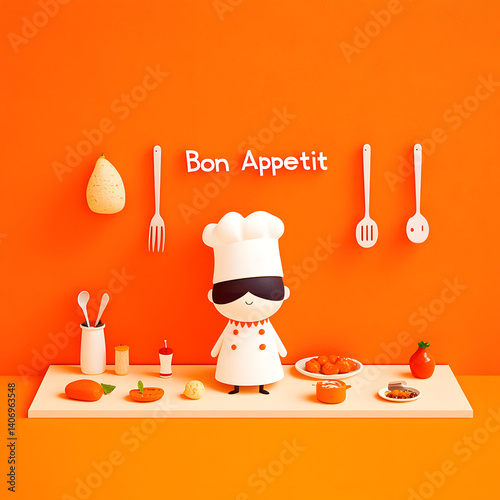 Cute Chef with Blindfold in Orange Kitchen - Playful Cooking Concept
