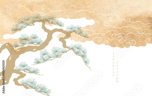 Japanese background with line ocean sea and bonsai tree pattern vector. Abstract template with geometric wave pattern. Cloud layout design in oriental style