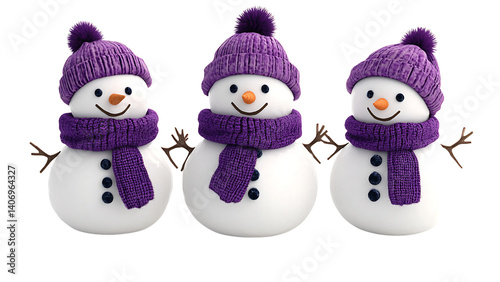 three cheerful snowmen purple hats