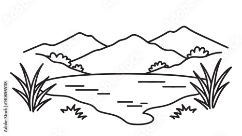  Calm lake encircled by rugged mountains and soft green grass, showcasing a beautiful outdoor setting line art flat vector illustration.
