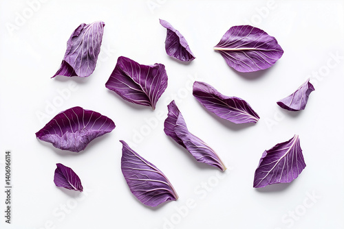 A loose fresh red cabbage leaves, naturally arranged on a crisp white background photo