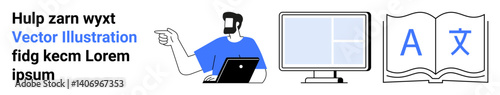 Man gesturing while using a laptop, open book with letters, and computer screen suggest learning, translation, or content creation. Ideal for education, technology, translation, language learning