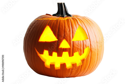 Spooky pumpkin glows on a transparent background, with carved smile and triangular eyes, evoking a holiday spirit photo