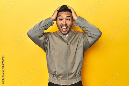 Stylish Asian man in gray jacket on yellow studio screaming, very excited, passionate, satisfied with something.