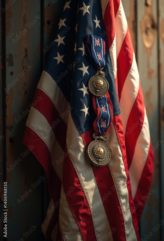 Fototapeta premium distressed american flag displayed military medals symbolizing bravery honor sacrifice patriotism emblematic heritage, veteran, insignia, ribbon, service
