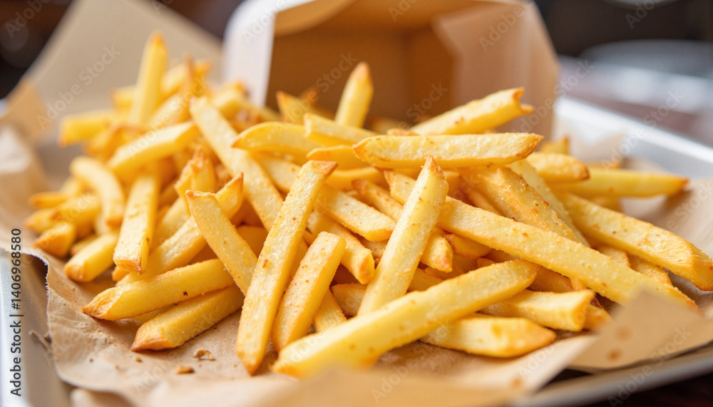 Crispy French fries piled on tray liner in fast food setting for restaurant menus, food blogs, social media posts, and snack articles Crispy French fries piled on tray liner in fast food setting for restaurant menus, food blogs, social media posts, and snack articles