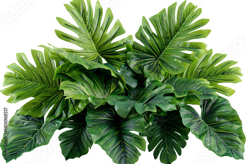Lush green philodendron leaves cluster together, creating a tropical foliage display, vibrant and detailed