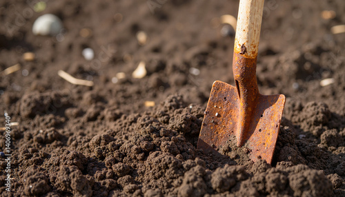Wallpaper Mural Rusty shovel with wooden handle in dark soil for gardening blogs, landscaping websites, outdoor projects, agricultural presentations, and creative design use Torontodigital.ca