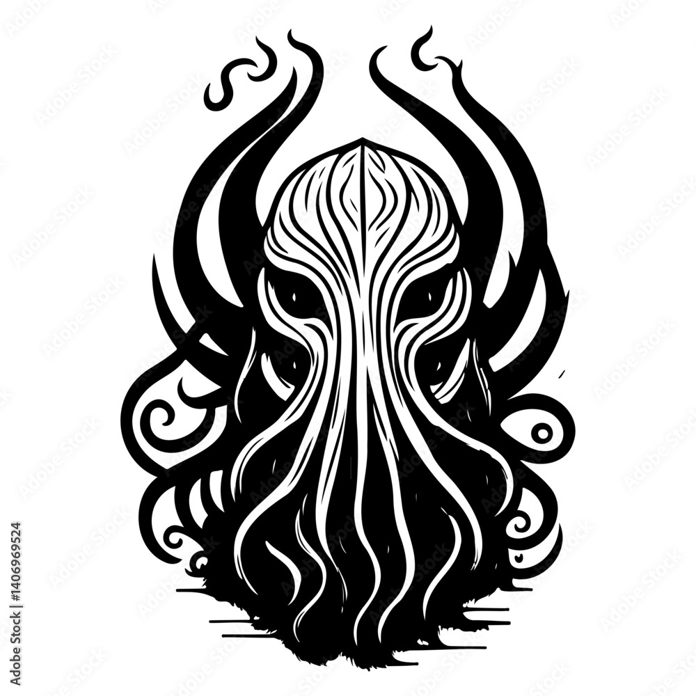 Obraz premium Ink Cthulhu Portrait, Black and White Isolated