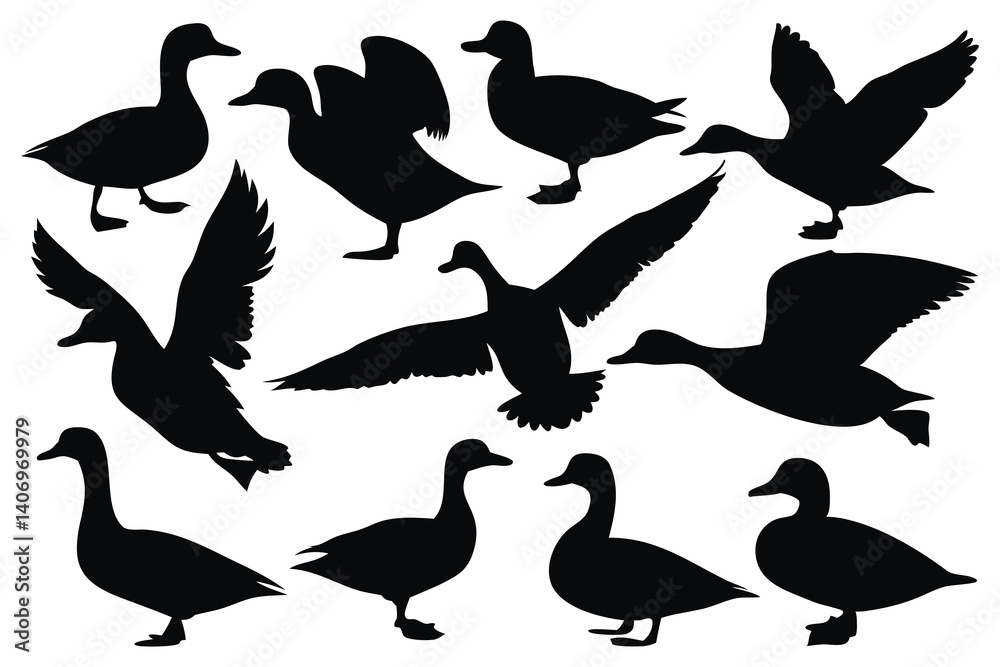 Fototapeta premium Flying and floating duck silhouettes set isolated flat vector illustration on white background