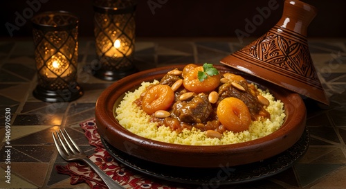 Traditional Moroccan tagine with meat, apricots, and couscous close-up shot