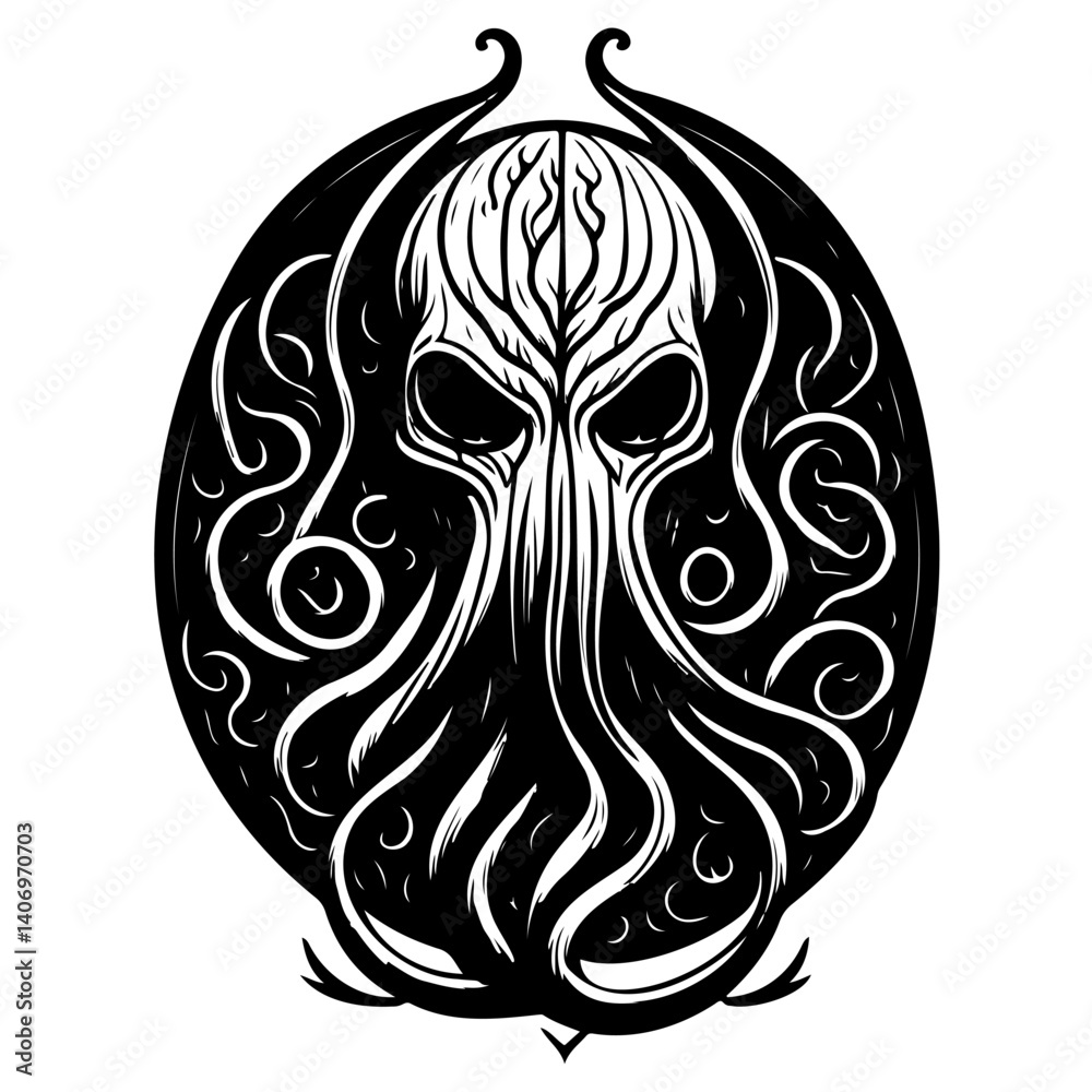 Fototapeta premium Monochrome Tentacled Horror Emblem Illustration