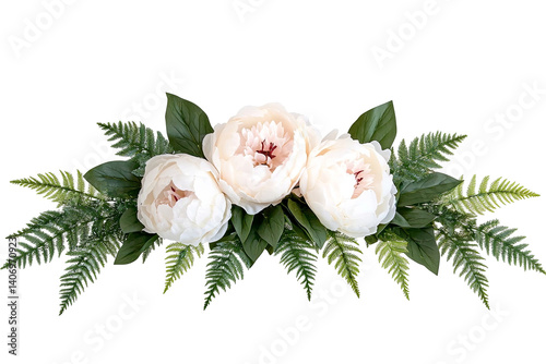 Fototapeta Naklejka Na Ścianę i Meble -  Three delicate white peonies nestled amongst lush green ferns, isolated against a clean, transparent background