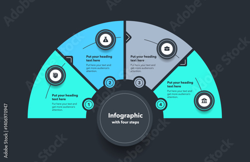 Circular infographic diagram divided into four steps - dark version. Flat design with minimalistic icons and place for your texts.