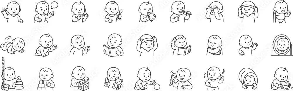 Baby Skills line icon set. Vector pictograms of toddler crawling, feeding, motor coordination, drinking, drawing, empathy, exploration, speech, thin linear illustration. Baby Skills line icon set. Vector pictograms of toddler crawling, feeding, motor coordination, drinking, drawing, empathy, exploration, speech, thin linear illustration.