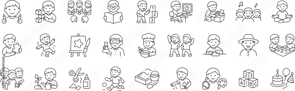 Kindergarten line icon set. Vector pictograms of preschool children activity, drawing, painting, reading, science experiment, cooking, crafting, board games thin linear illustration. Kindergarten line icon set. Vector pictograms of preschool children activity, drawing, painting, reading, science experiment, cooking, crafting, board games thin linear illustration.