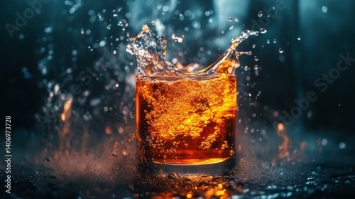 Iced beverage with splash effect on dark background