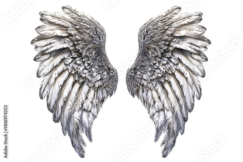 Detailed angel wings in shades of grey and white against a transparent background with feather details