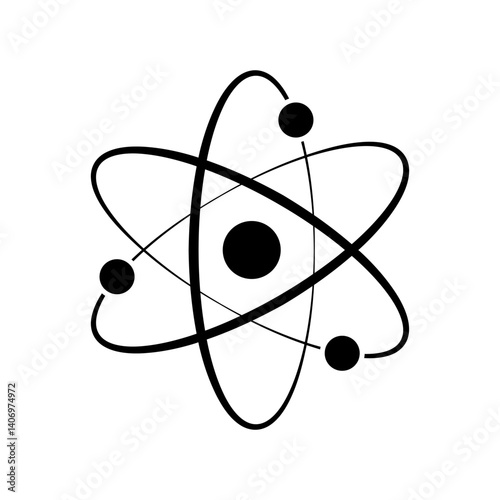 Atomic icon. Black neutron atom logo isolated on a blank background. Nuclear atoms. Core icon. Orbital rotation. The symbol of the proton nucleus. Vector illustration
