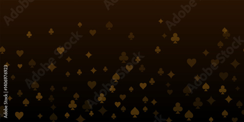 Casino background. Falling golden glowing playing cards on black background. Sparkling hearts, clubs, diamonds and spades on dark. Online gambling concept. VIP abstract vector illustration.