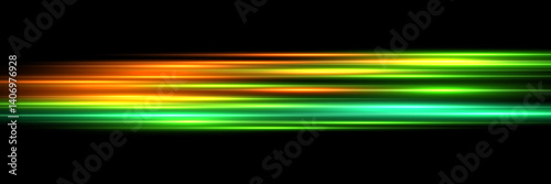 Speed light background. Color neon spark rays on black. Futuristic shiny pattern with bright red and green flares on dark. Modern technology vector illustration.