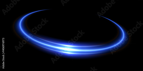 Blue light neon portal isolated on black. Glow energy swirl on dark. Shiny spiral spin ring with flare. Abstract vector illustration.