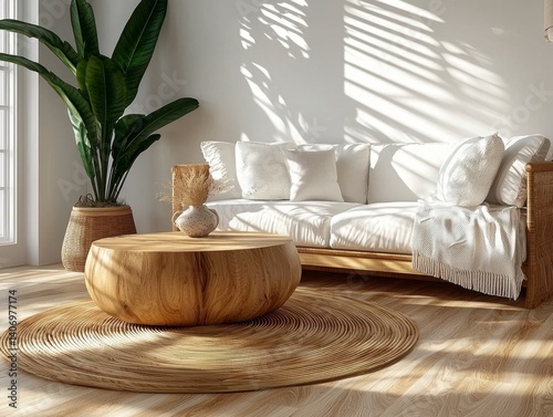 The image portrays a serene and inviting modern living room, bathed in gentle sunlight, which creates a soothing and relaxing atmosphere Scandinavian design principles are clearly evident, showcasing