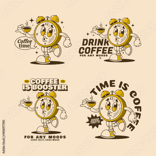 Alarm clock character drink a coffee illustration with text quote in four version. suitable for t-shirt print