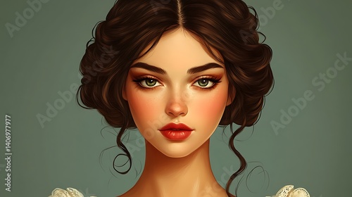 stunning beauty model with traditionally styled makeup and curled brunette hair expressing glowing face confidence and smooth haircare charm