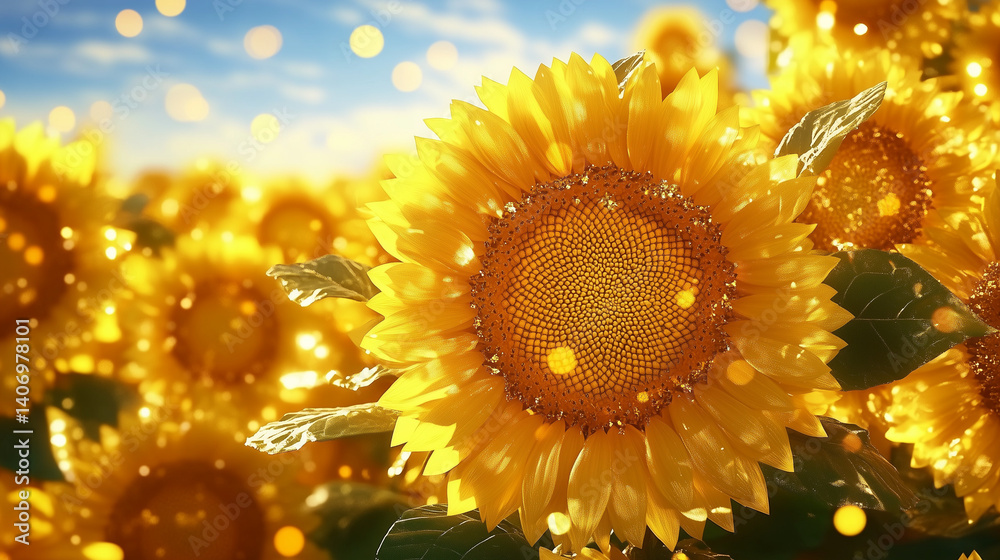 Fototapeta premium Golden sunflower wreath with fresh leaves, bathed in soft morning light. Radiant summer solstice serenity.