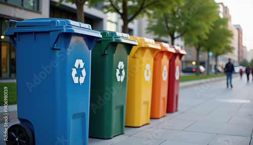 Recycling bins. Urban recycling station with blue, green, yellow, red bins outdoors
