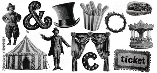 Set of circus entertainment halftone grunge vector design elements