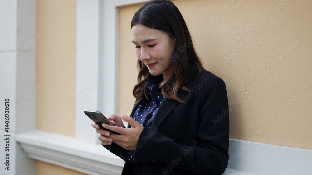 asian woman standing outdoors reading smartphone with calm focus asian woman standing outdoors reading smartphone with calm focus