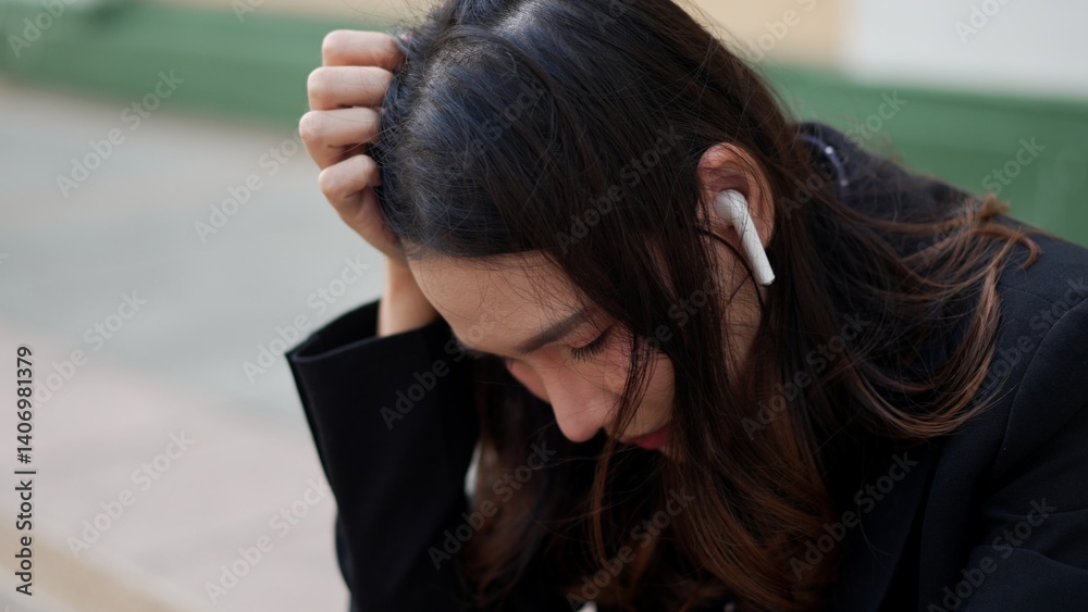 Fototapeta premium asian businesswoman sitting and holding head in stress and burnout with earbuds on street