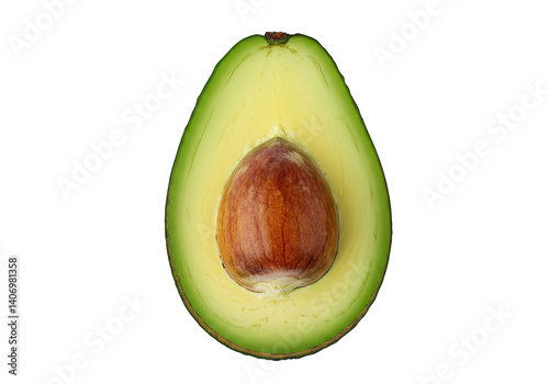 Halved Avocado, Ripe Fruit, Green Skin, Brown Pit, Healthy Food, Isolated Background, Natural Produce