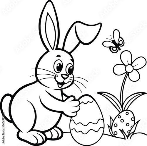 Cute cartoon bunny, a fun spring animal illustration with ears, holding a colorful Easter egg for the holiday coloring page.