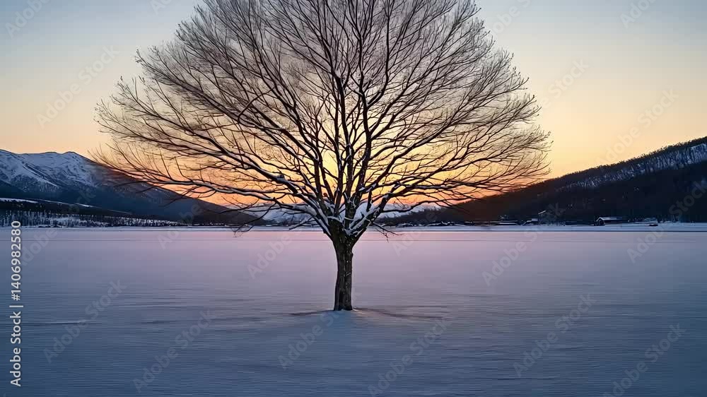 Lonely Tree in Snowy Landscape During Winter Sunset

