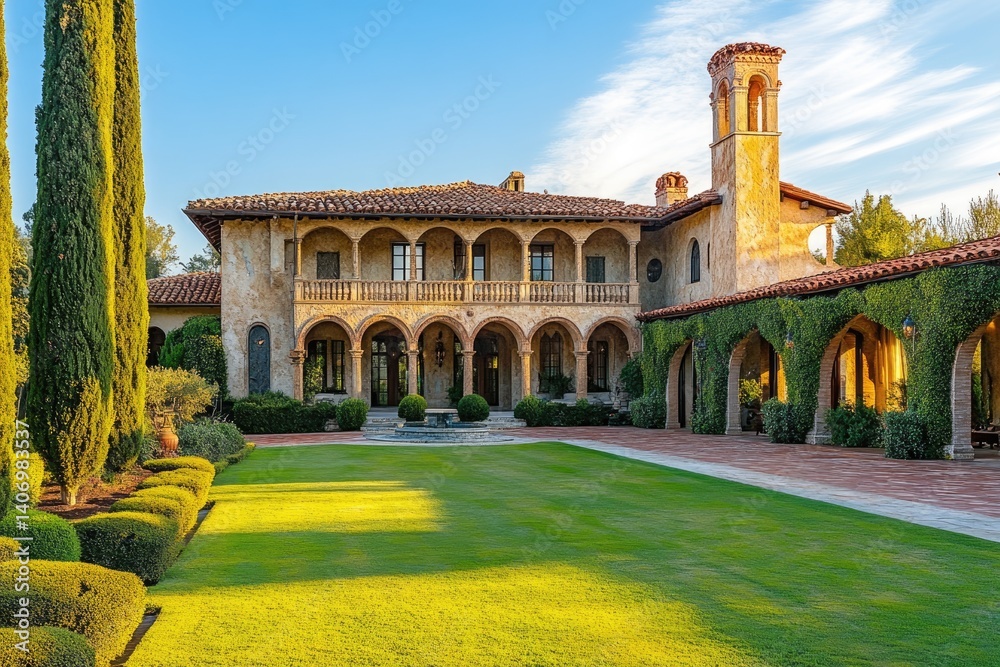 Fototapeta premium Elegant Mediterranean style with manicured lawn and cypress trees at sunset