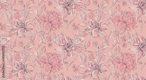 Fototapeta Naklejka Na Ścianę i Meble -  A delicate blush pink floral pattern featuring romantic lilies and peonies in a soft, dreamy watercolor style.