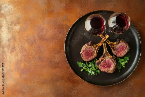 Roasted lamb chops with wine on a dark tray.