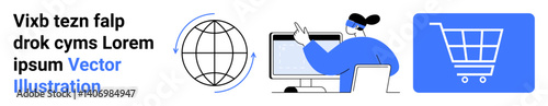 Globe with arrows, agent on computer assisting, shopping cart graphic. Ideal for e-commerce, customer service, global trade, retail, mobile commerce, technology simple landing page