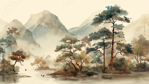 Tapety artystyczne 日本の山水画の世界を現代風に水彩で再現した幻想的背景、飛翔する鳥と連なる山並みが静かに心を癒す高品質和風アート